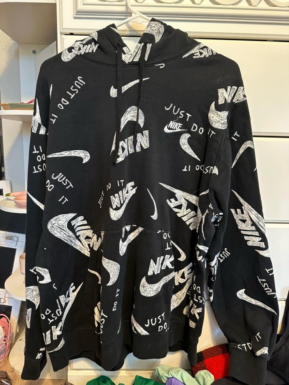 Nike Black Men’s Hoodie with White Allover Swoosh & 'Just Do It' Print